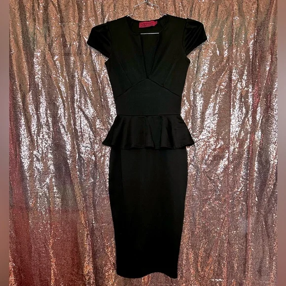 Boohoo Cap Sleeve Peplum Midi Black Dress - Picture 3 of 13
